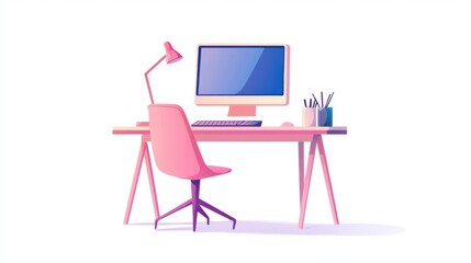 Isolated flat vector workspace: Empty desk with a computer monitor