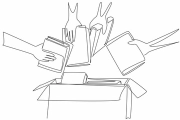 Single one line drawing four hands holding the books and will put them in a box. Competing to hand over books. Good deeds. International Book Giving Day. Continuous line design graphic illustration
