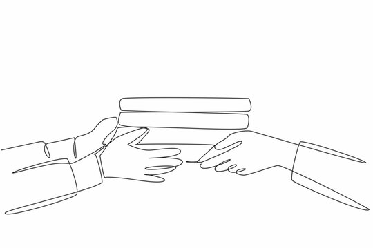 Continuous one line drawing two hands, one passing a stack of books to the other. Education and learning. Mutual respect. International Book Giving Day. Single line draw design vector illustration