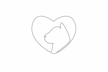 Single one line drawing a heart with cat's profile nestled within. The cat's gaze. Suggests a sense of contemplation or longing. National Love Your Pet Day. Continuous line design graphic illustration
