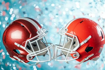 Fototapeta premium Two football helmets with red and white stripes on them