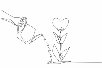 Single continuous line drawing a hand holding a watering can pours water onto a heart-shaped flower. Nurturing of love and compassion. Random Acts of Kindness Day. One line design vector illustration