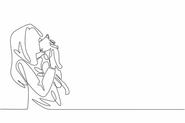 Continuous one line drawing a young woman embracing her feline companion. The simplicity and beauty of their shared moment. National Love Your Pet Day. Single line draw design vector illustration