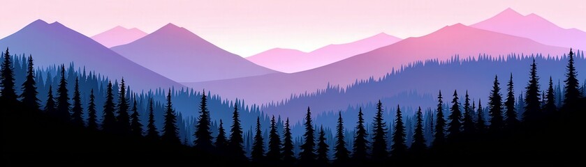 Fototapeta premium Serene Mountain Landscape at Dawn with Majestic Peaks and Pine Trees, Soft Gradient Sky, Peaceful Nature Scene for Outdoor Enthusiasts and Travelers