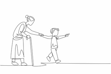 Single one line drawing a young boy with a kind smile offers his hand to elderly woman. Together, they step onto the crosswalk. Random Acts of Kindness Day. Continuous line design graphic illustration