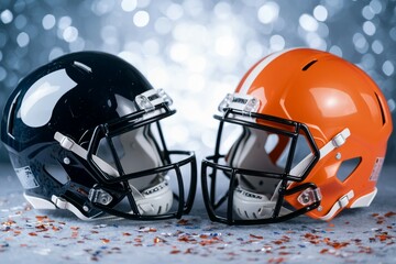 Fototapeta premium Two football helmets, one black and one orange, are on a table