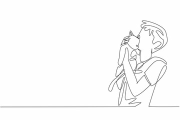 Single one line drawing a boy lovingly embracing and kissing cat. The pure and unconditional love between humans and animals. National Love Your Pet Day. Continuous line design graphic illustration