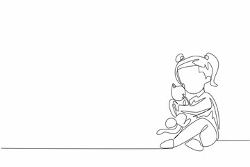 Single continuous line drawing a little girl gently cradles her fluffy cat. The girl's smile suggests a deep bond between the two. Care. National Love Your Pet Day. One line design vector illustration