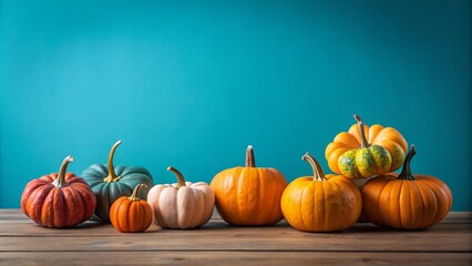 Autumn Background with Colorful Pumpkins on Blue Canvas, Perfect for Seasonal Decor and Festive Themes, Emphasizing Minimalism and Natural Beauty in Fall Photography