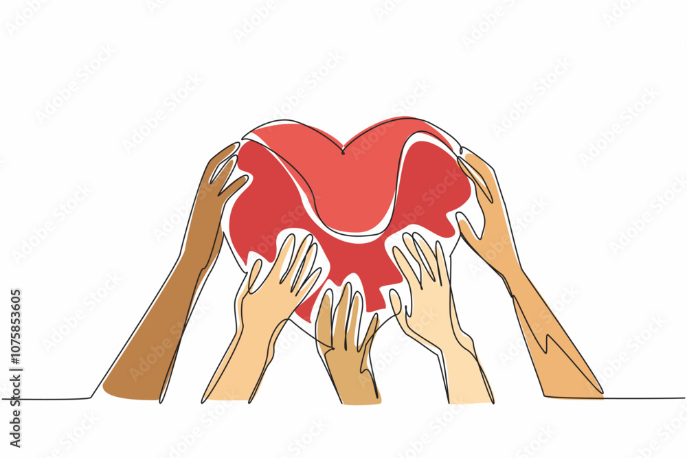 Aufkleber single continuous line drawing the five hands holding a heart shape together. demonstrating the powe