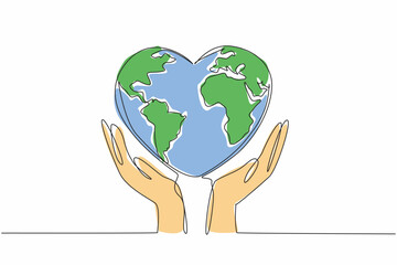 Continuous one line drawing two hands cradle heart-shaped earth. Humanity's responsibility to care for and protect our planet. Random Acts of Kindness Day. Single line draw design vector illustration