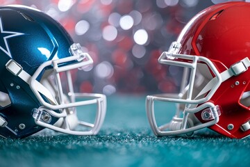 Fototapeta premium Two football helmets, one blue and one red, are on a green field