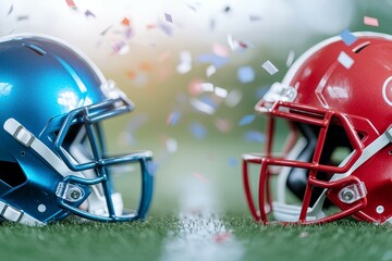Fototapeta premium Two football helmets are on the field, one blue and one red