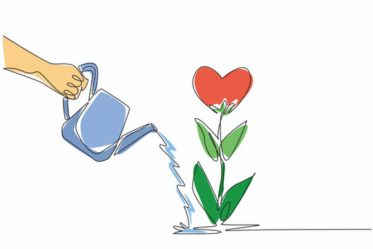 Single continuous line drawing a hand holding a watering can pours water onto a heart-shaped flower. Nurturing of love and compassion. Random Acts of Kindness Day. One line design vector illustration