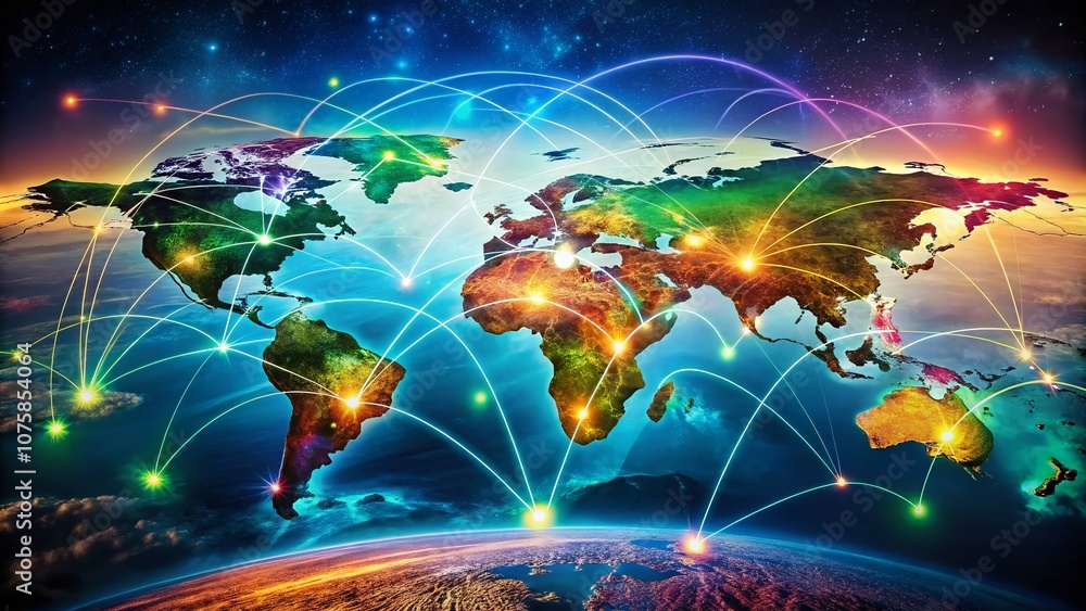 Poster a world map illustration showcasing global connectivity with interconnected nodes representing geosp