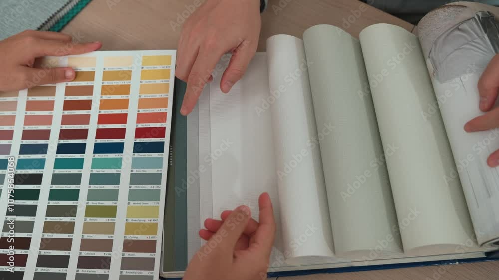 Poster slow motion hand closeup architect and interior designer presenting textile material and color from 
