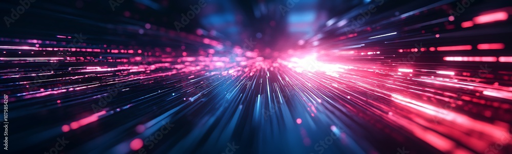 Poster a vibrant, abstract image depicting dynamic light trails in blue and pink, suggesting speed and tech
