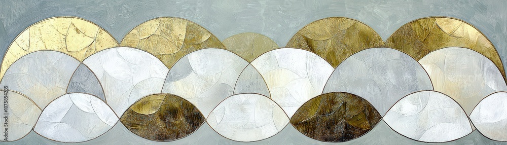 Poster elegant abstract composition featuring overlapping circles in gold, white, and gray tones, creating 