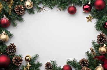 A festive arrangement of pine branches, ornaments, and pinecones creates a cheerful holiday border against a blank backdrop.