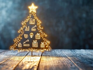 Festive glowing Christmas tree with business-themed icons on a rustic wooden surface