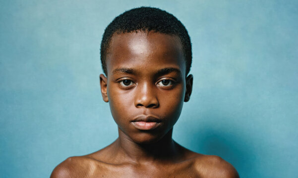 A young boy with short black hair stares directly at the camera in front of a blue background