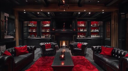 Bar room with fireplace and luxurious sofas, large collection of rare spirits and artisanal beers,