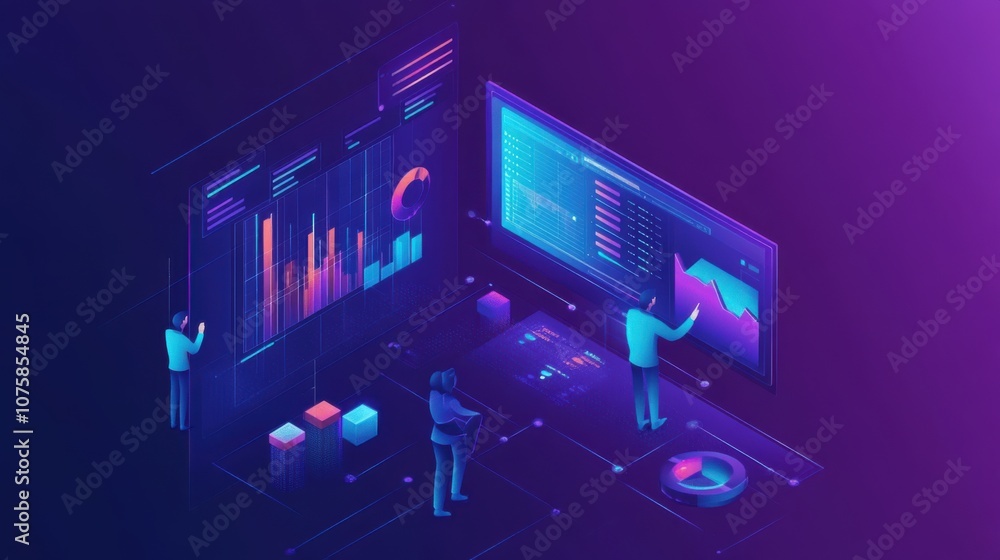 Poster isometric team setup tracking online data analytics dashboards,