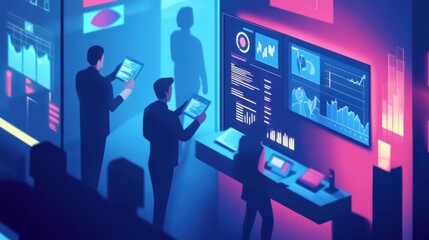 Isometric scene of a business team evaluating data