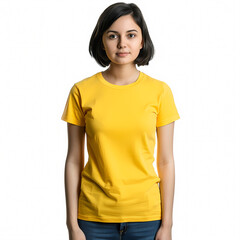 Fototapeta premium A young South Asian woman with a bob haircut smiles confidently in a bright yellow t-shirt against a plain white background.