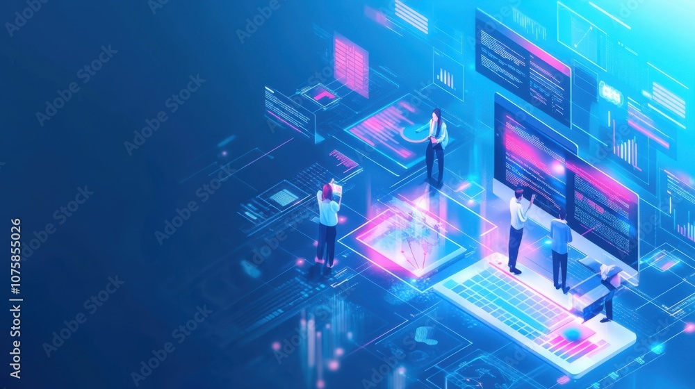 Poster isometric view of a team performing data analysis and research,