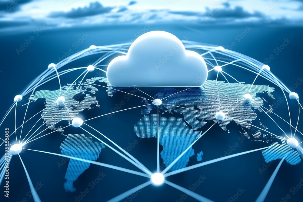 Poster a blue globe with a cloud on it and a network of lines connecting it