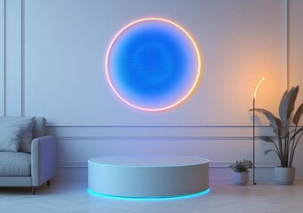 3D background with blue hologram round podium pedestal and circle glow neon, Vertical pattern wall scene
