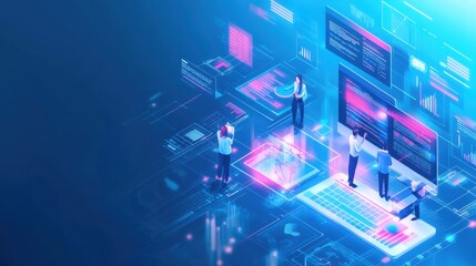 Isometric view of a team performing data analysis and research,