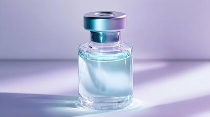 Obraz premium Glass Bottle with Blue Liquid on Purple Background, transparent, clear, vial, container, medicine