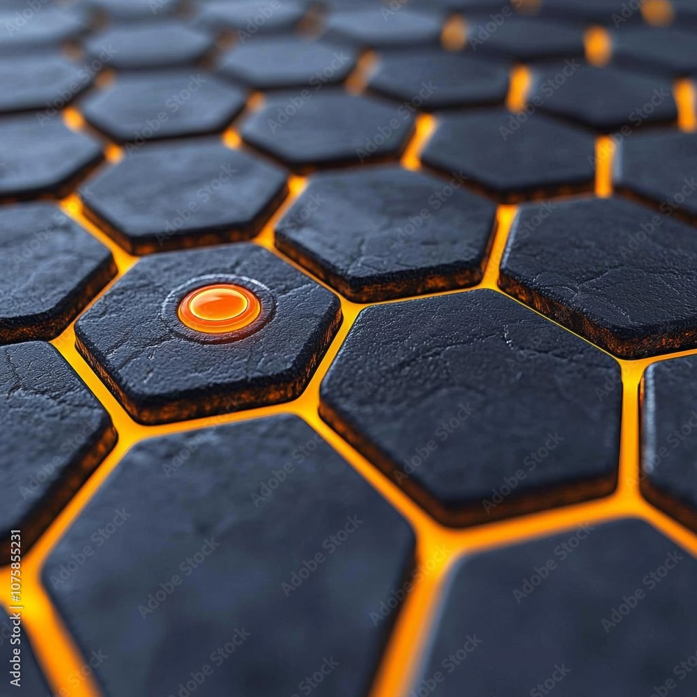Poster 3d hexagonal 3d render of dark grey hexagon pattern with glowing orange button in the center, futuri