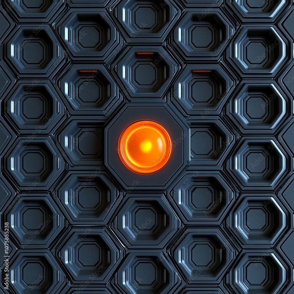Poster 3d hexagonal 3d render of dark grey hexagon pattern with glowing orange button in the center, futuri