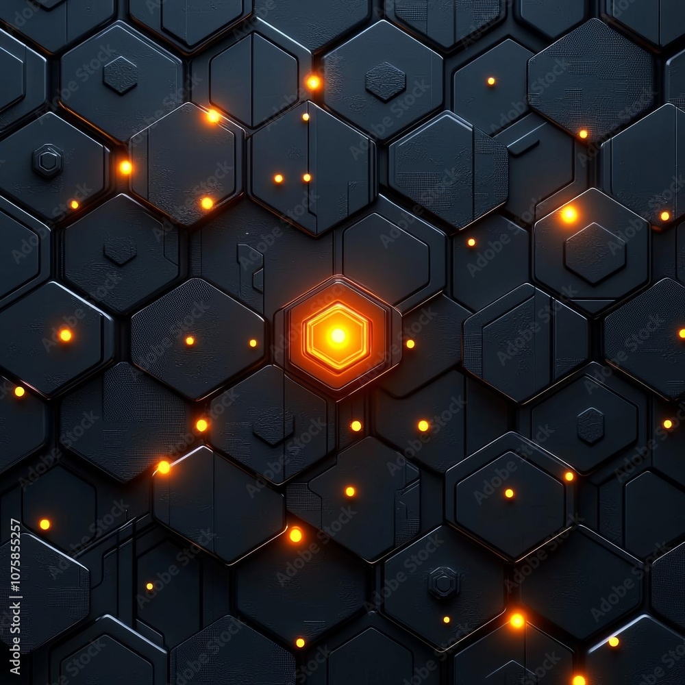 Poster 3d hexagonal 3d render of dark grey hexagon pattern with glowing orange button in the center, futuri