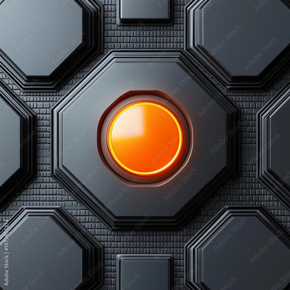 Poster 3d hexagonal 3d render of dark grey hexagon pattern with glowing orange button in the center, futuri
