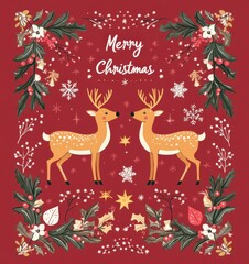 Naklejka premium A festive Christmas design featuring two reindeer surrounded by floral decorations and a cheerful 