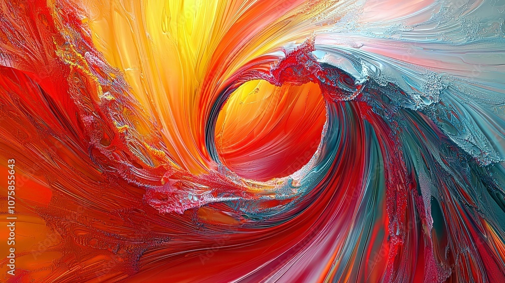 Poster vibrant abstract wave in shades of orange, red, and blue displaying fluid dynamics and artistic expr