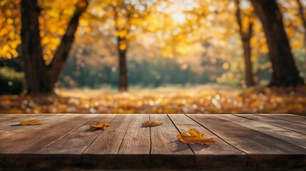 A wooden tabletop in an autumnal park. A natural countertop for showcasing products in a forest. Blurred mockup for designing food and cosmetics