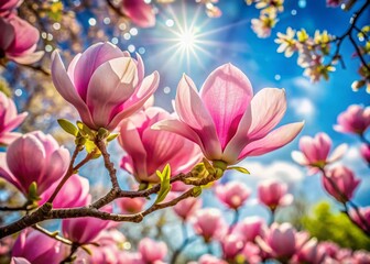 Breathtaking Pink Magnolia Flowers in Full Bloom Against a Clear Blue Sky in a Beautiful Park Landscape, Capturing the Essence of Springtime in Keukenhof Garden, Amsterdam