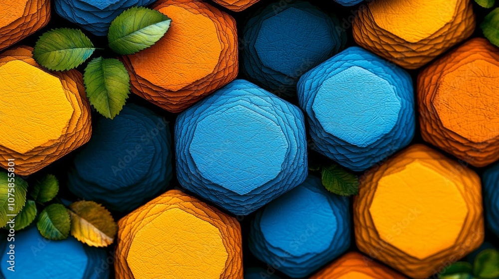Poster 3d hexagonal black hexagonal pattern with blue and orange accents