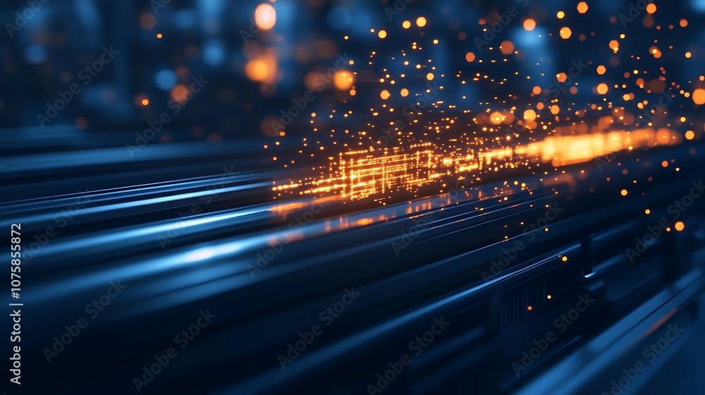 Leinwandbilder A dynamic scene showcasing vibrant sparks and glowing lines emerging from a deep blue surface, emphasizing energy and technology.