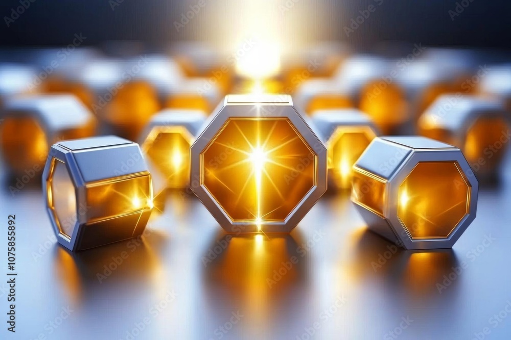 Poster 3d hexagonal dynamic spiral of hexagonal tiles ascending into a vortex of light , isolated on white 