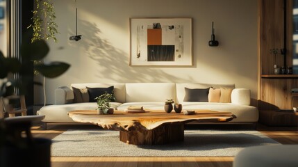 Live edge coffee table in a Japandi-inspired living room,