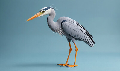 Obraz premium A grey heron stands on a blue background, looking to the left