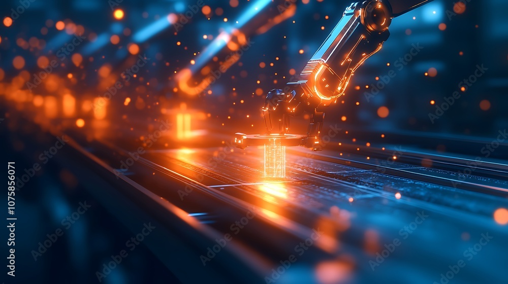Poster a futuristic scene showcasing robotic arms performing precision work in an industrial setting, with 