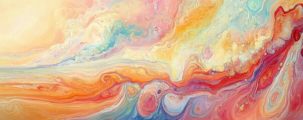 Vibrant Abstract Waves in a Colorful Dreamlike Landscape with Blended Hues of Orange, Pink, Blue, and Yellow for Artistic and Creative Backgrounds