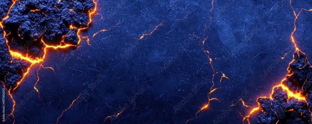 Aufkleber dynamic blue and orange lava texture with glowing cracks and craggy surface for background use in ab